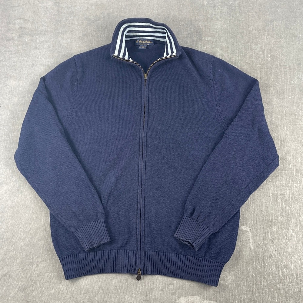 Brooks‎ Brothers Mens M Navy Blue Full Zip Cardigan Supima Cotton Striped Collar